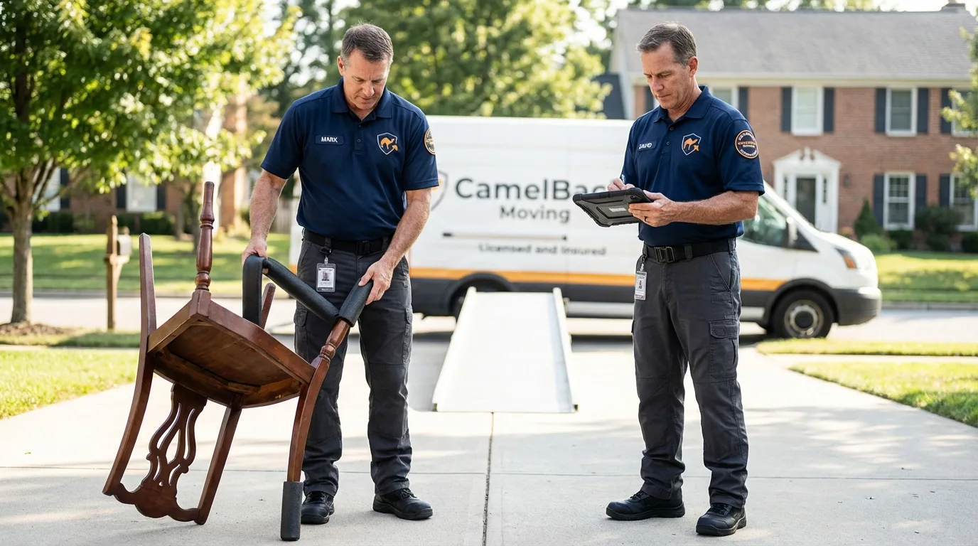 Movers inspecting furniture for damage prevention before loading in Glassport, PA