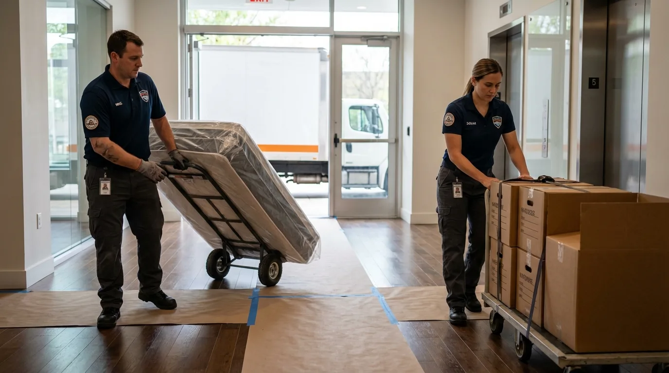 Professional apartment movers loading elevator in Glassport, PA
