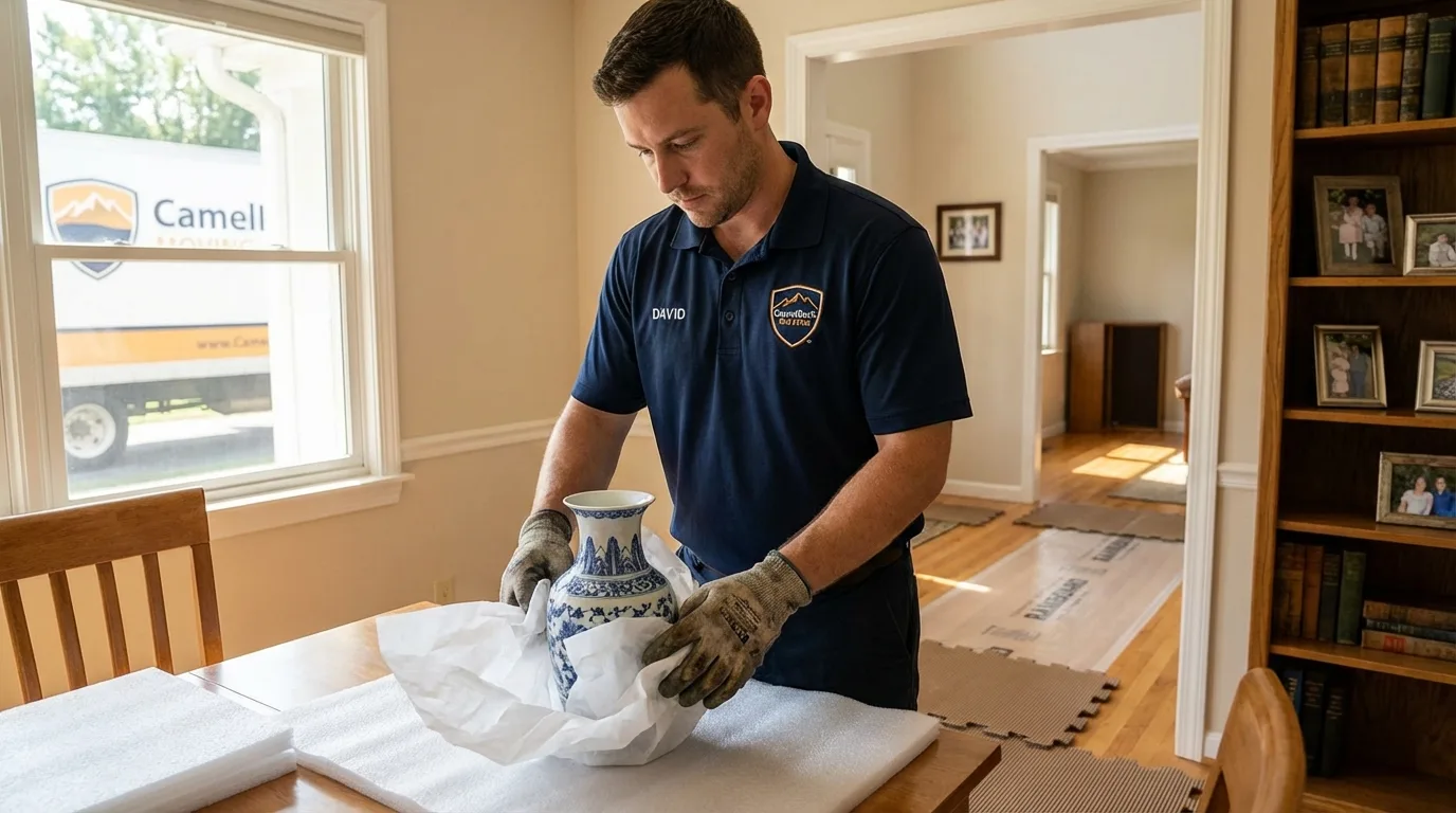 Professional crew carefully wrapping antique vase for senior downsizing move in Glassport, PA